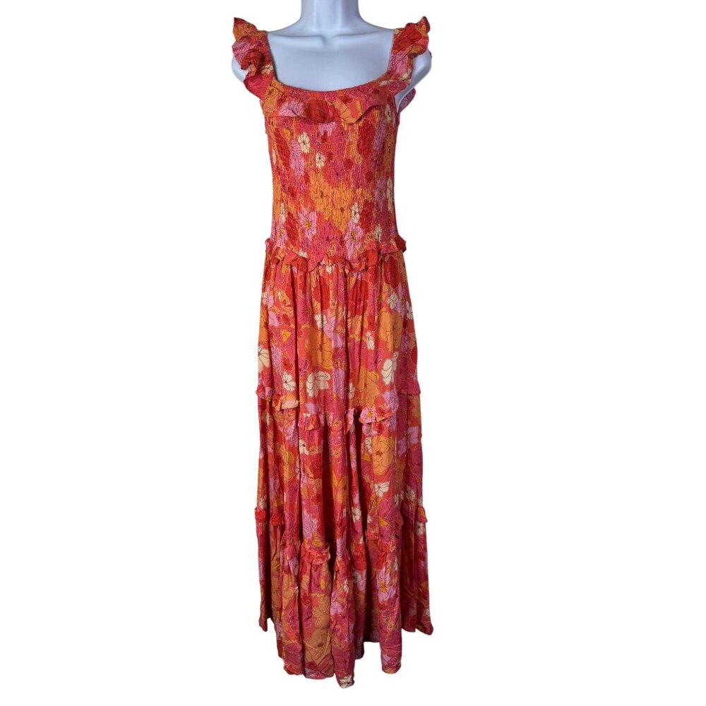Abel The Label Women Floral Ruffle Smocked Tiered Maxi Dress Size Medium Boho